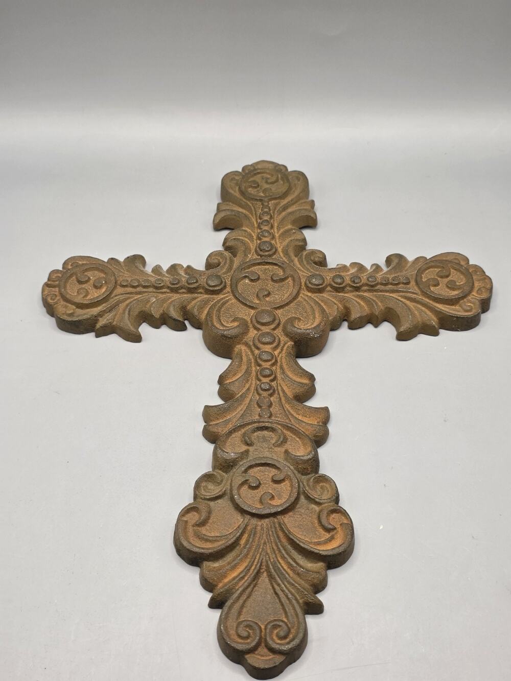 Ornate Cast Iron Wall Cross Rustic Brown Vintage Style Floral Leaf Scrollwork